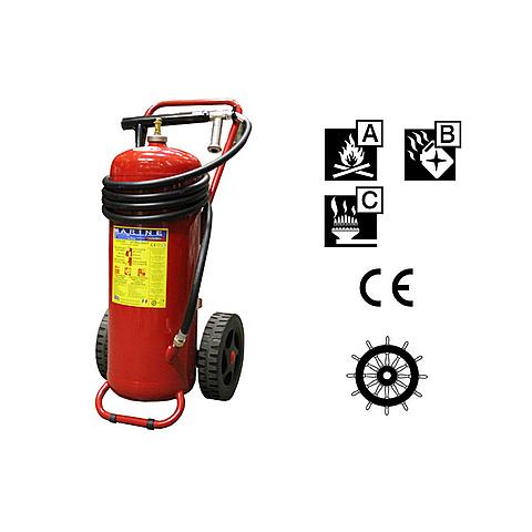 SG00262 Poeder Bluswagen 50 kg ABC (externe drukcilinder) Bij het openen van de CO2 cilinder wordt de bluswagen op druk gezet en is deze klaar voor gebruik. Het blusmiddel stroomt uit via een stijgende buis, 5 meter lange slang en bluspistool. Het bluspistool maakt een gedoseerde brandbestrijding mogelijk.